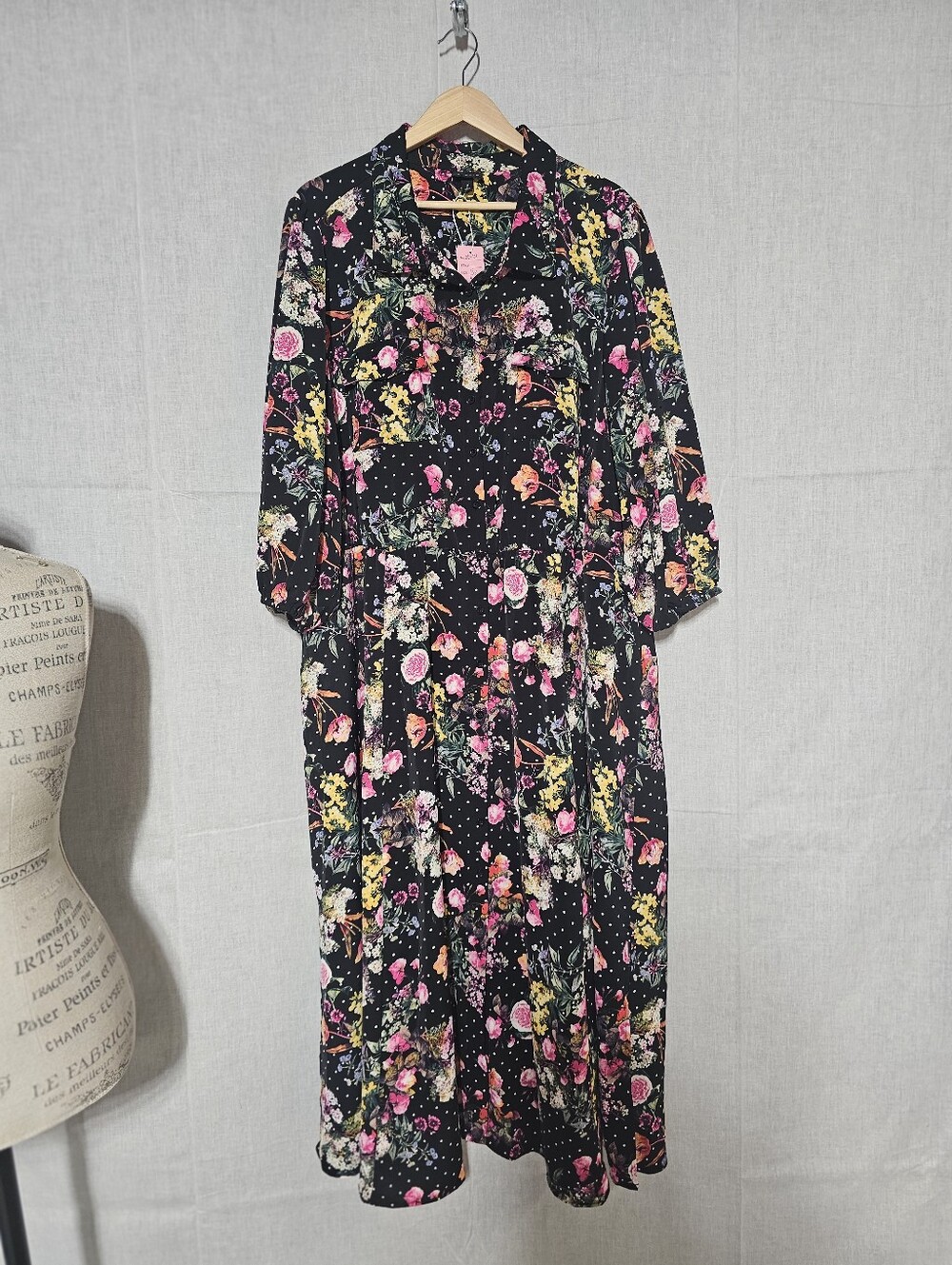 torrid Black Floral Maxi Shirt Dress with Pink & Yellow Blooms